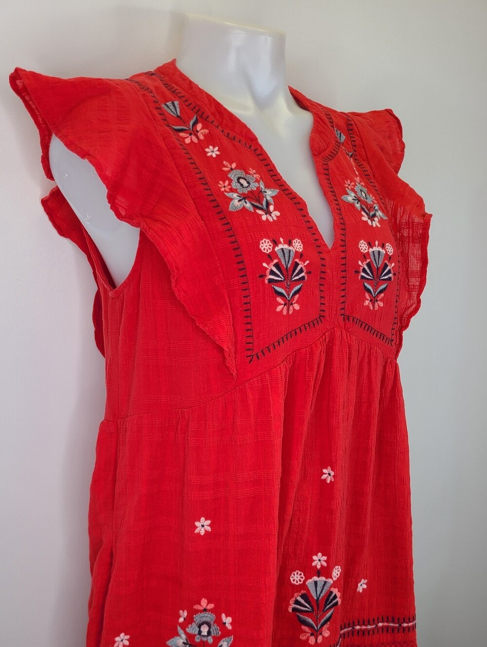 Knox Rose Red Embroidered V-Neck Flutter Ruffle Sleeve Dress 100% Cotton Medium - Picture 7 of 15